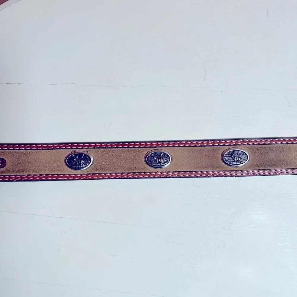 Men’s Leather & Suede Size 42 Handtooled Belt Silver Buck Medallion Accents